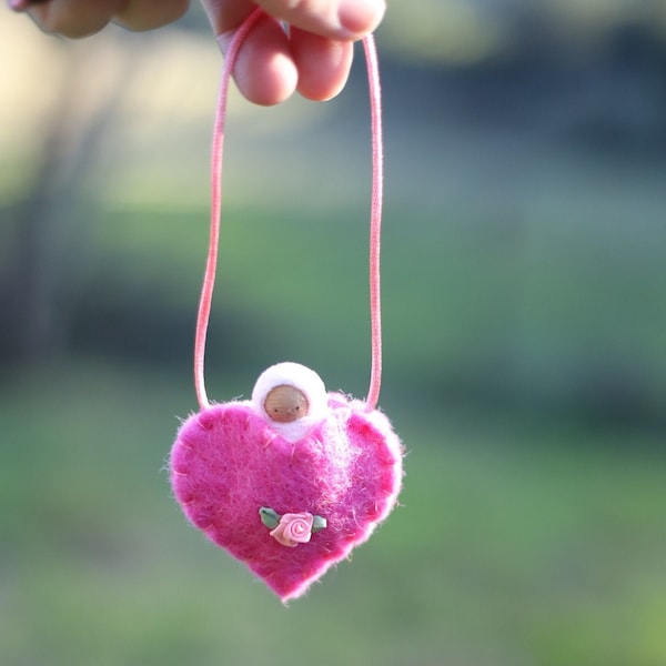 Bright pink heart necklace hand embroidered waldorf decor valentine sweetheart HNBP1