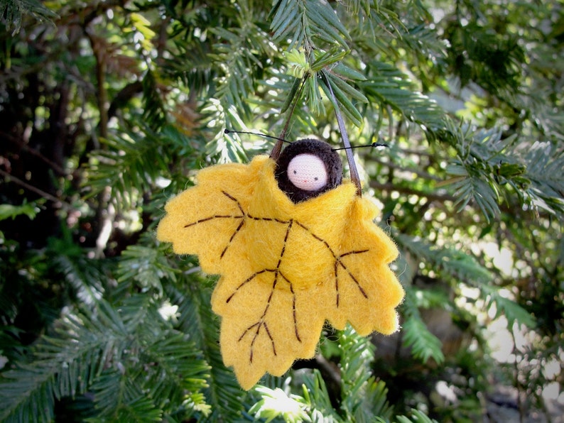 Autumn golden leaf ornament // pocket doll // caterpillar waldorf decor // nature table LO-GD1 image 4