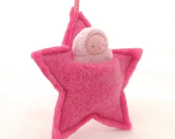 Bright pink star ornament, pocket doll,  waldorf decor, advent calendar, baby's first Christmas SORP2