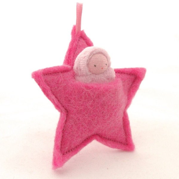 Bright pink star ornament, pocket doll,  waldorf decor, advent calendar, baby's first Christmas SORP2