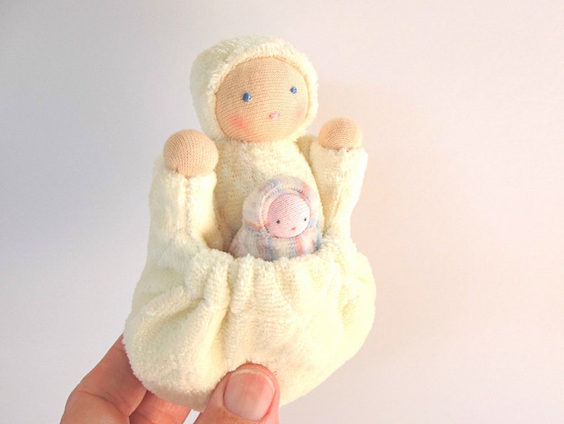 Waldorf toy // natural fiber doll // pocket doll // mother with baby doll // tooth fairy // white baby doll // ready to ship doll // PMW1 image 2