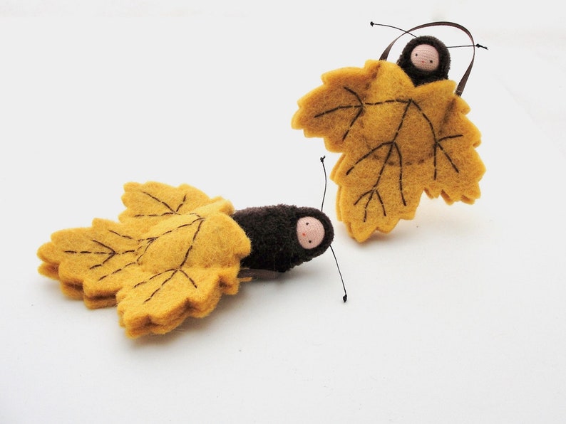 Autumn golden leaf ornament // pocket doll // caterpillar waldorf decor // nature table LO-GD1 image 3