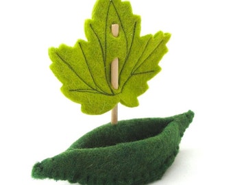 Toy Boat with a Leaf Sail, wool felt canoe, waldorf toy