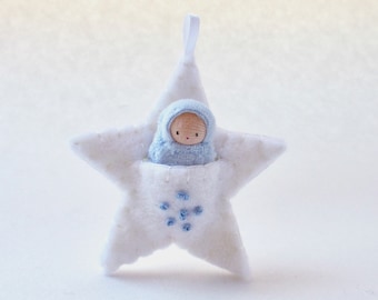 White star embroidered ornament pocket doll  waldorf decor advent calendar baby's first Christmas SOW1