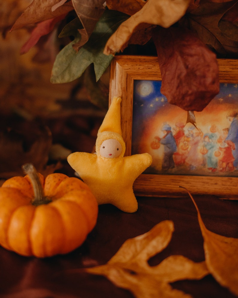 May include: A small yellow star-shaped doll with a white face and a pumpkin on a brown surface with dried leaves.