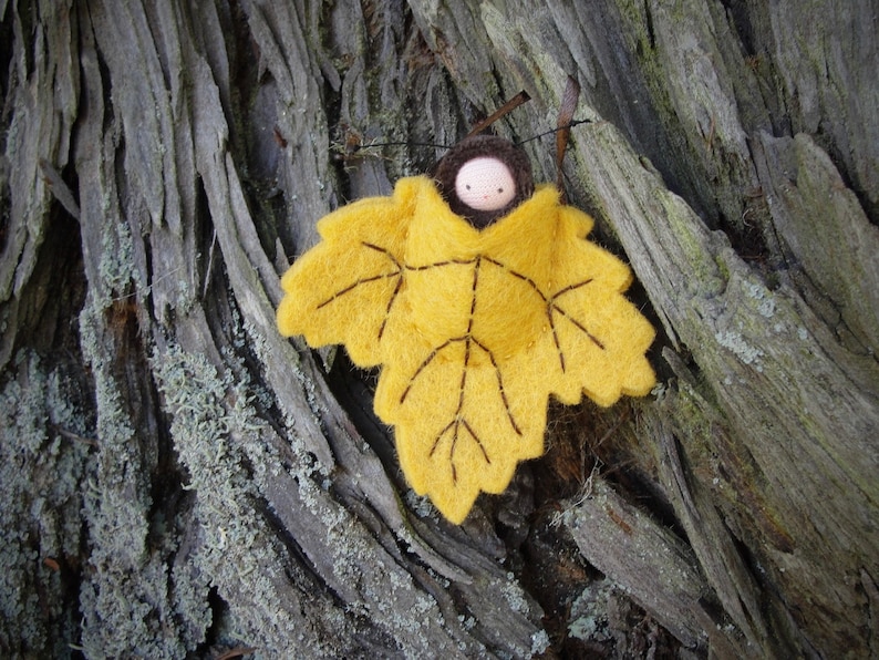 Autumn golden leaf ornament // pocket doll // caterpillar waldorf decor // nature table LO-GD1 image 5