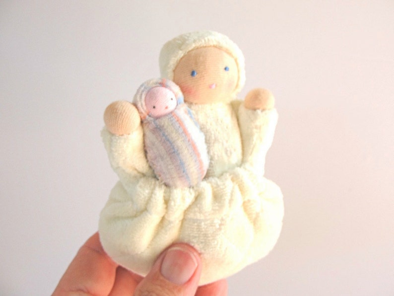 Waldorf toy // natural fiber doll // pocket doll // mother with baby doll // tooth fairy // white baby doll // ready to ship doll // PMW1 image 3