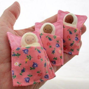 Miniature Waldorf Baby Doll in Pink Bed: Small World Play