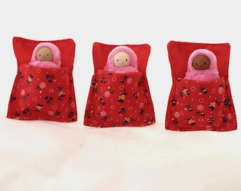 Mini Waldorf Doll in Red Bed: Small World Play Toy