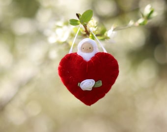 Red heart ornament  hand embroidered waldorf decor valentine sweetheart HOR1w