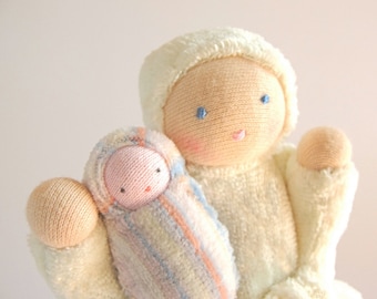 Waldorf  toy // natural fiber doll // pocket doll // mother with baby doll // tooth fairy // white baby doll // ready to ship doll // PMW1