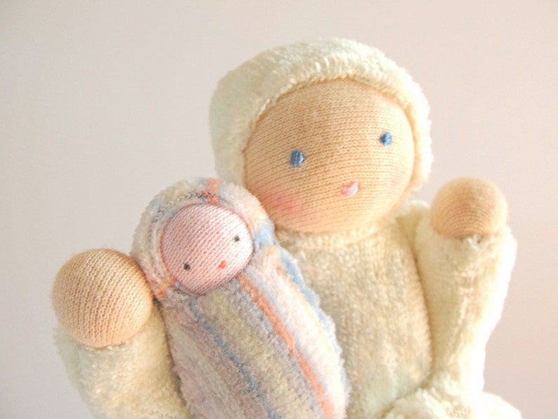 Waldorf toy // natural fiber doll // pocket doll // mother with baby doll // tooth fairy // white baby doll // ready to ship doll // PMW1 image 1