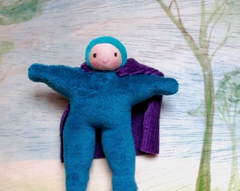 Teal Dollhouse doll, forest hero, waldorf toy, natural fiber, little one, action figure, pocket doll, boy doll, soft doll