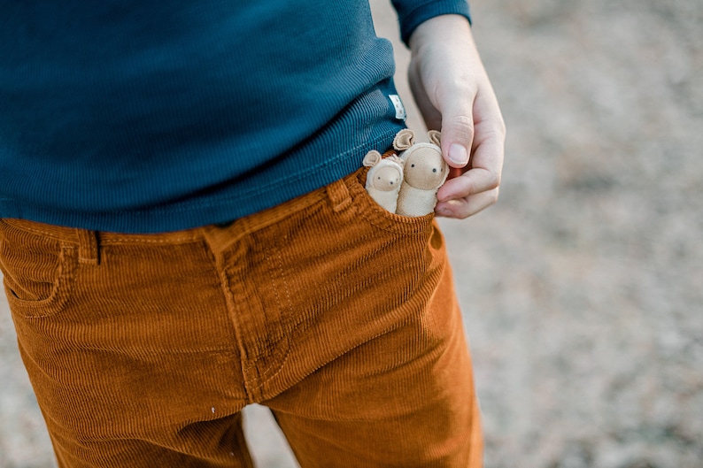 May include: Two small, brown, plush animal toys with ears sticking out of a brown corduroy pocket.