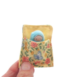 Baby Doll in a Bed // aqua peanut baby // waldorf toy // sleeping bag for doll // miniature dolly // natural toy // waldorf doll