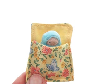 Baby Doll in a Bed // aqua peanut baby // waldorf toy // sleeping bag for doll // miniature dolly // natural toy // waldorf doll