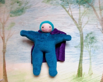 Teal Dollhouse doll, forest hero, waldorf toy, natural fiber, little one, action figure, pocket doll, boy doll, soft doll