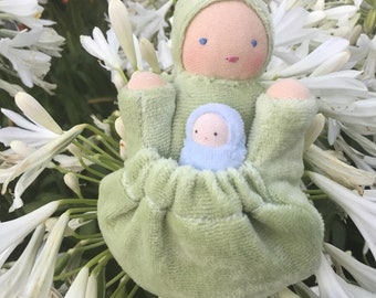 Waldorf doll / natural fiber toy / soft green pocket mama baby / doll with pocket / little doll