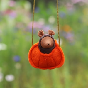 Mouse in a Pumpkin Necklace // Halloween  Doll // Waldorf toy // Autumn Gift // Fall