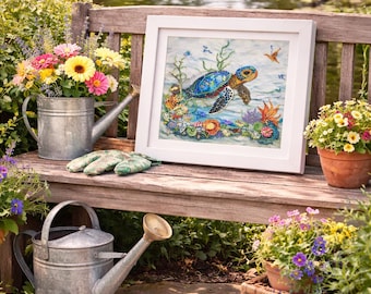 Sea Turtle Diamond Art Framed, Handmade Coastal Wall Decor, Turtle Lover Gift, Beach House Decor