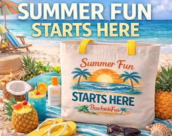 Canvas Beach Tote, Summer Fun Coastal Design, Vacation Bag