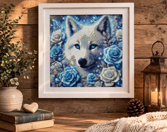 Handmade Wolf Diamond Art 13x13 Framed, Wildlife Decor, Rustic Cabin Wall Decor,  Wolf Lover
