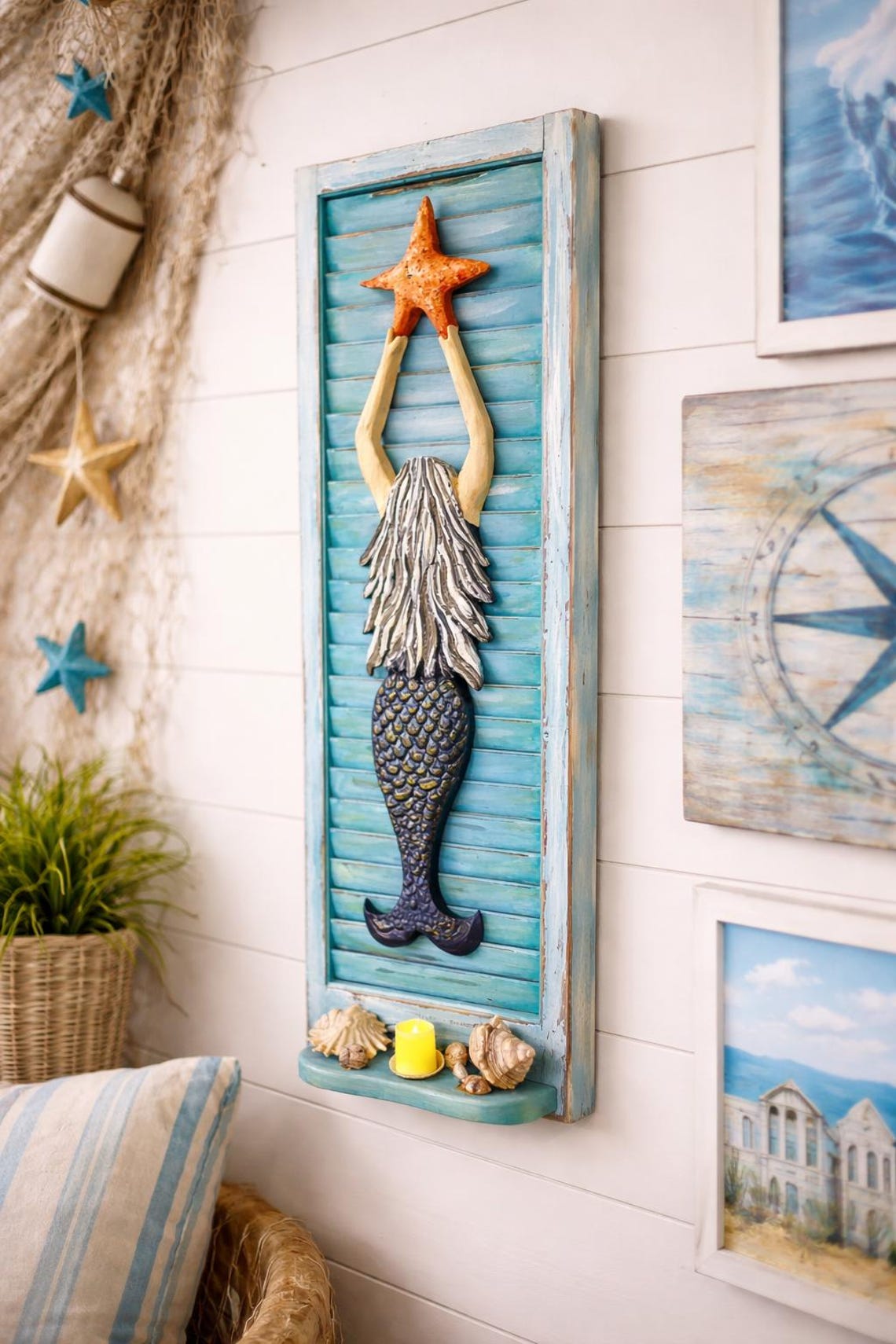 Handcrafted Mermaid Wall Art | Coastal Beach Decor With Seashell Shelf ...