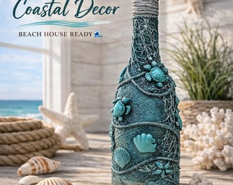 Decoración costera para botellas, estilo náutico para casa de playa / Jarrón de resina hecho a mano con diseño de océano / Regalo costero con diseño de tortuga