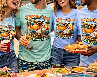 Camiseta divertida de pelícano, camiseta "Primero los bocadillos, luego las preguntas", camiseta con estampado playero, camiseta de vacaciones de verano, camiseta con humor costero, regalo divertido para la playa