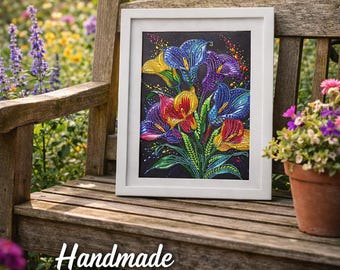 Cuadro de calas coloridas con diamantes, 30x40 cm, enmarcado / Decoración floral de pared hecha a mano / Regalo de arte para jardín / Día de la Madre