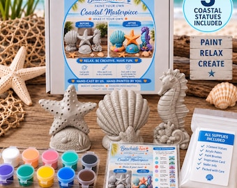 Coastal DIY Paint Kit, Paint Your Own Cement Statues, Seahorse Shell Starfish