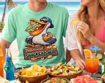 Funny Pelican Shirt “Professional Snack Catcher” | Beach Graphic Tee | Summer Vacation Shirt | Coastal Funny T-Shirt