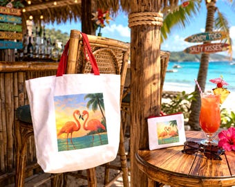 Flamingo Strand Tragetasche Set mit Passender Reißverschluss Beutel | Tropische Sommertasche | Küsten Tote