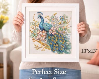 Handmade Peacock Diamond Art | Framed Floral Wall Decor (13x13)