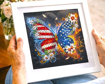Patriotic Butterfly Diamond Art, American Flag Wall Decor, Handmade Framed Art, Veteran Gift