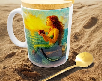 Taza de café sublimada de 325 ml con tapa de bambú y cuchara, hecha a mano con arte de sirena.