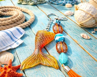 Mermaid Tail Resin Keychain with Beads & Tassel | Beachy Coastal | Nautical Mermaid Gift