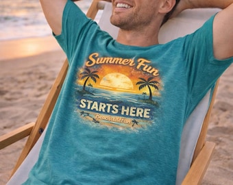 Camiseta "La diversión del verano comienza aquí", camiseta vintage de atardecer en la playa, camiseta de vacaciones costeras, atuendo para viaje a la playa, camiseta gráfica de verano, diversión junto a la playa.