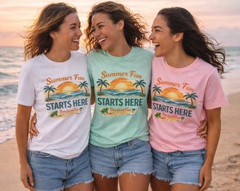 Camiseta "La diversión del verano comienza aquí", camiseta de vacaciones en la playa, camiseta veraniega costera, camiseta con estampado de puesta de sol en el océano, regalo para amantes de la playa, diversión junto a la playa.