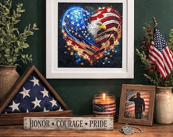 Arte de diamantes con águila patriótica / Decoración de pared con forma de corazón y bandera estadounidense / Arte de cristal enmarcado de 12x12