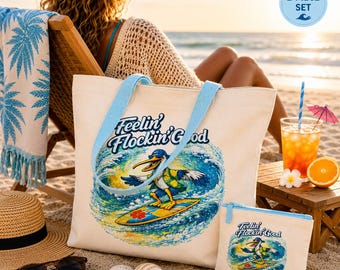 Beach Tote with Zipper Pouch, Pelican Surf Design, Coastal Summer Bag, Vacation Pool Carryall,