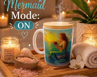 Handmade Mermaid Art 11oz Mug with Bamboo Lid with Spoon |Sublimated Coffee Cup