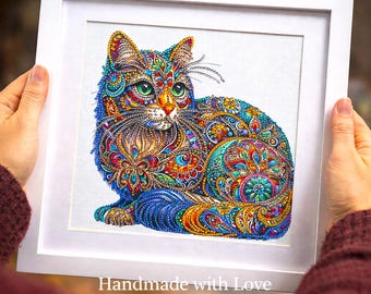Colorful Cat Diamond Art • Handmade Framed Wall Art • Cat Lover Gift