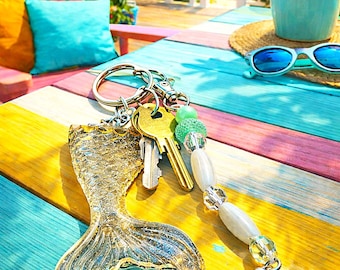 Mermaid Tail Resin Keychain – Beachy Coastal Keychain with Beads & Tassel, Handmade Ocean Gift,
