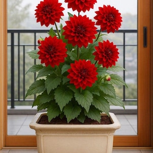 May include: A potted plant with vibrant red dahlias in full bloom. The flowers are large and showy, with multiple layers of petals. The plant is in a beige square pot, set against a backdrop of a window and a balcony railing.