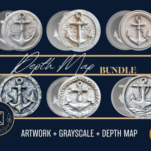 Pode incluir: Seis designs circulares com motivos de âncoras em tons de cinza. O texto "Depth Map BUNDLE" e "ARTWORK + GRAYSCALE + DEPTH MAP" é exibido em um fundo azul escuro. Tema náutico.