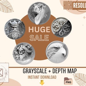 Può includere: Grafica di arte digitale con cinque immagini in scala di grigi: un vichingo, un T-Rex, un polpo, un'aquila e una figura con teschio. Le parole "HUGE SALE" sono al centro. Il testo in basso recita "GRAYSCALE + DEPTH MAP INSTANT DOWNLOAD".