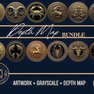 May include: Twelve bronze-effect zodiac medallions with detailed relief designs, arranged on a dark blue background. The text reads "Depth Map BUNDLE" and "ARTWORK + GRAYSCALE + DEPTH MAP". Each medallion depicts a different astrological symbol.
