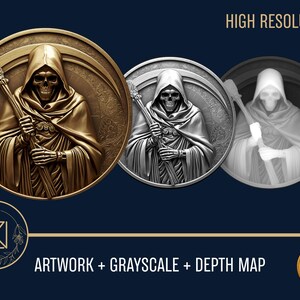 Pode incluir: Três medalhões redondos com a Morte com uma foice. O primeiro é dourado, o segundo prateado e o terceiro em tons de cinza. O texto "HIGH RESOLUTION" está no topo. O texto inferior diz "ARTWORK + GRAYSCALE + DEPTH MAP".