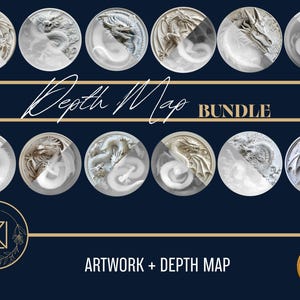 May include: A bundle of dragon artwork and depth maps. The image features ten circular designs with detailed dragon illustrations in shades of white and gray. The text "Depth Map BUNDLE" and "ARTWORK + DEPTH MAP" are also included.